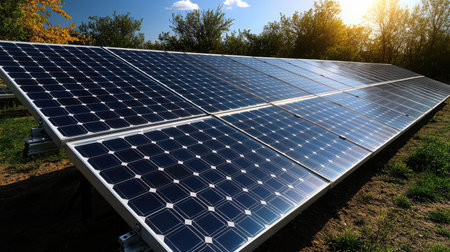 Detailed technological view of solar power generation: panel surface with visible micro-components under bright sunlightの素材