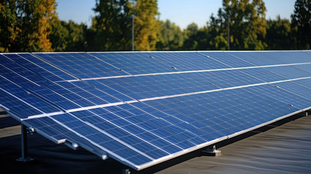 Detailed technological view of solar power generation: panel surface with visible micro-components under bright sunlightの素材