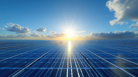 Low-angle shot of solar panel array stretching toward cloudless blue sky, sun positioned for maximum reflection effectの素材