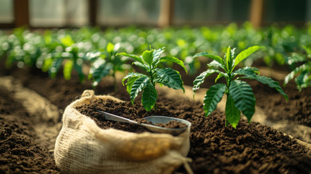 Coffee seedling nursery scene with scoop resting in bag of soil, rows of young plants in morning lightの素材