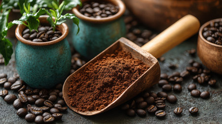 Gardening scoop with fresh compost beside newly sprouted coffee plants, warm earthy tonesの素材