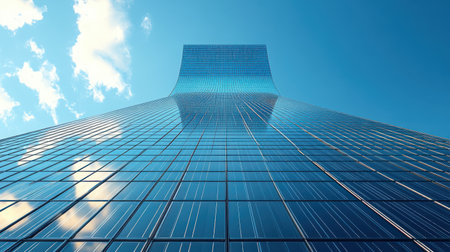 Abstract pattern of solar panel grid lines and reflections against pure blue sky background, minimalistic compositionの素材