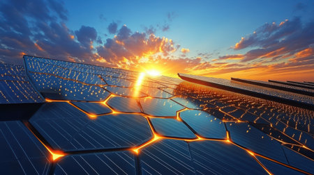 Array of solar panels glistening under high-altitude blue sky, sun positioned to create interesting highlight patternsの素材