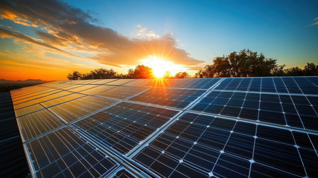 Macro view of solar panel texture and grid lines with sun flare effect, vibrant blue sky filling the backgroundの素材