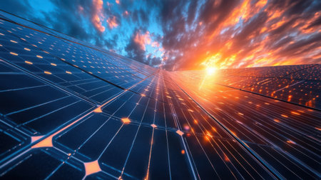 Detailed close-up of solar panel surface with visible silicon cells and metallic conductors under direct sunlightの素材