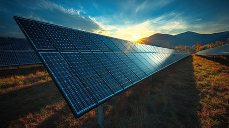 Detailed technological view of solar power generation: panel surface with visible micro-components under bright sunlightの素材