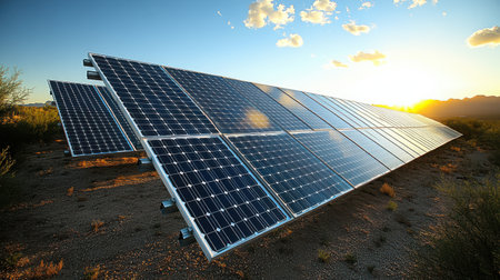 Array of solar panels glistening under high-altitude blue sky, sun positioned to create interesting highlight patternsの素材