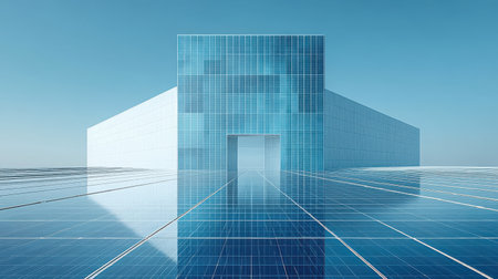 Abstract pattern of solar panel grid lines and reflections against pure blue sky background, minimalistic compositionの素材