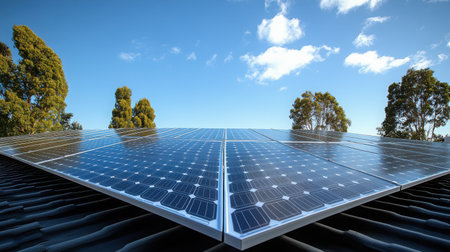 Perfectly aligned solar panels catching sunlight at ideal angle under cloudless azure sky, renewable energy conceptの素材