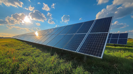 Solar panel close-up showing perfect alignment of photovoltaic cells under intense blue summer skyの素材