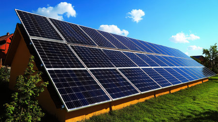 Perfectly aligned solar panels catching sunlight at ideal angle under cloudless azure sky, renewable energy conceptの素材