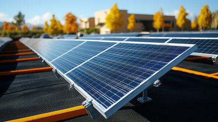 Detailed technological view of solar power generation: panel surface with visible micro-components under bright sunlightの素材