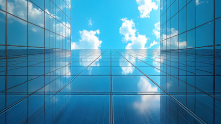 Abstract pattern of solar panel grid lines and reflections against pure blue sky background, minimalistic compositionの素材