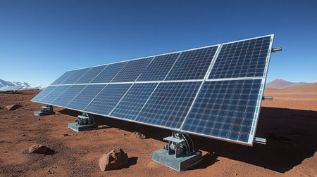 Perfectly aligned solar panels catching sunlight at ideal angle under cloudless azure sky, renewable energy conceptの素材