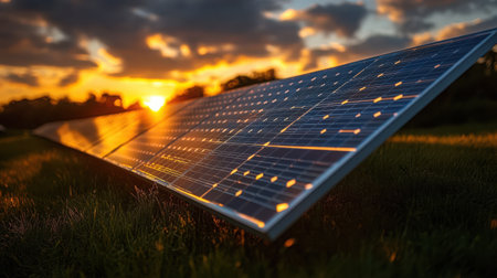Detailed close-up of solar panel surface with visible silicon cells and metallic conductors under direct sunlightの素材