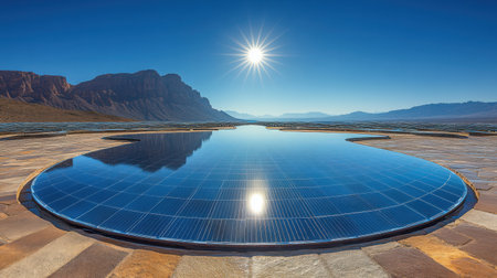 Geometric pattern of solar panel array under crystal clear sky, sun positioned to maximize surface reflectionsの素材