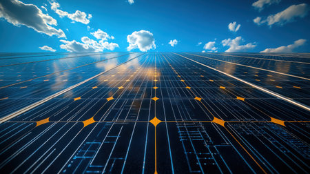 Detailed shot of modern solar panel surface with visible circuitry patterns, set against deep blue sky with scattered white cloudsの素材