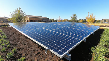 Solar panel installation under perfect blue sky conditions, sun positioned to create interesting shadow patterns across the surfaceの素材