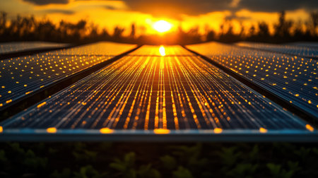 Sun's rays hitting solar panel array at 45-degree angle, creating dynamic light play across the photovoltaic surfaceの素材