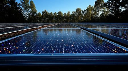 Ultra-clear detail shot of solar panel technology with visible anti-reflective coating sparkling under midday sunの素材