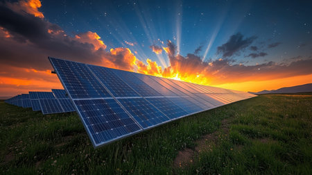 Sun's rays hitting solar panel array at 45-degree angle, creating dynamic light play across the photovoltaic surfaceの素材