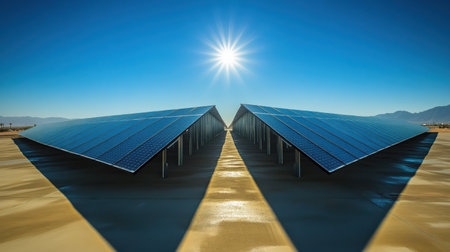 Solar panel installation under perfect blue sky conditions, sun positioned to create interesting shadow patterns across the surfaceの素材