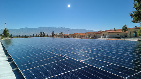Solar panel installation under perfect blue sky conditions, sun positioned to create interesting shadow patterns across the surfaceの素材