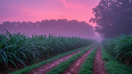 Fresh green grassy field with morning dew, shallow depth of field, and soft pastel sky gradientの素材
