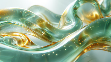 Abstract waves of green liquid texture with glossy reflections, dynamic and fluid presentation backgroundの素材
