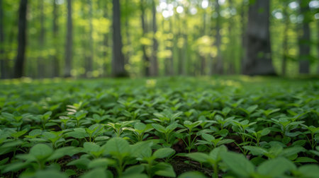 Blurred green forest canopy with beams of sunlight filtering through leaves, dreamy soft focusの素材