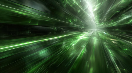 High-contrast abstract green light streaks on a dark background, energetic and modernの素材