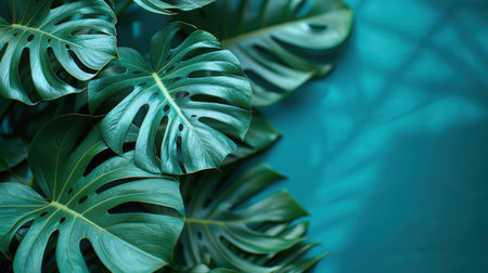 Close-up of large tropical green leaves, overlapping and softly lit, natural textured presentation backdropの素材