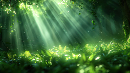 Blurred green forest canopy with beams of sunlight filtering through leaves, dreamy soft focusの素材