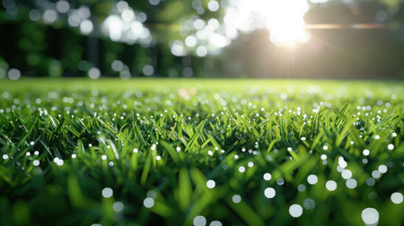 Fresh green grassy field with morning dew, shallow depth of field, and soft pastel sky gradientの素材