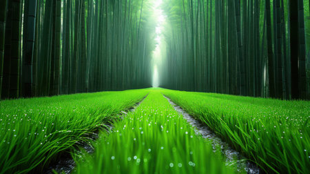 Fresh green grassy field with morning dew, shallow depth of field, and soft pastel sky gradientの素材