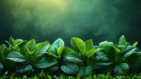 Lush natural green foliage background with soft-focus leaves and diffused sunlight peeking throughの素材