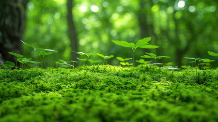 Soft-focus image of sunlit green moss covering a natural forest floor, earthy and organic vibeの素材