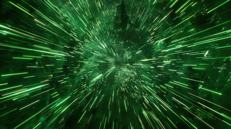 Vivid green light rays bursting from a central point on a dark green background, high-energy, clean lookの素材