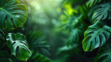 Tropical monstera leaves framing a clean green backdrop, fresh and stylish botanical aestheticの素材
