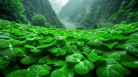 Gentle hills covered in endless fields of vibrant green clover, kissed by soft afternoon sunlightの素材