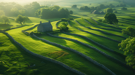 Aerial shot of bright green fields divided by ancient stone walls and scattered farmhousesの素材