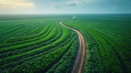 Aerial view of endless green farmlands and patchwork fields, divided by narrow dirt roads and hedgerowsの素材