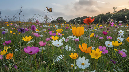 Expansive lush meadows dotted with wildflowers, under soft morning mist and golden lightの素材