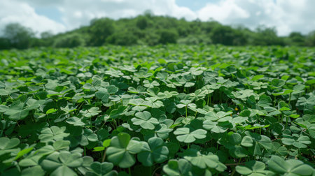 Gentle hills covered in endless fields of vibrant green clover, kissed by soft afternoon sunlightの素材