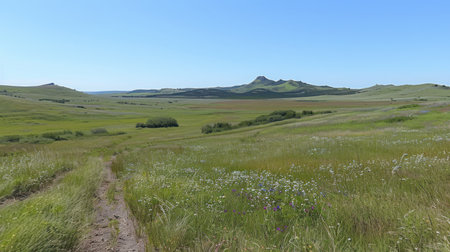Expansive grassy meadows with patches of wildflowers and a faint dirt trail winding into the distanceの素材