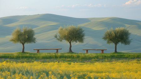 Lonely tree standing in the middle of vast green plains, dramatic sky with rolling cloudsの素材