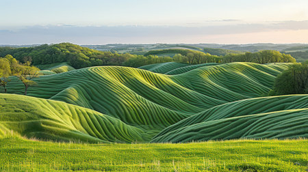 Gentle hills covered in endless fields of vibrant green clover, kissed by soft afternoon sunlightの素材