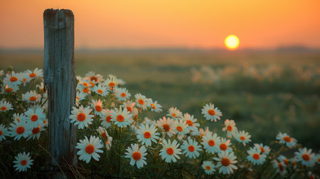Expansive lush meadows dotted with wildflowers, under soft morning mist and golden lightの素材