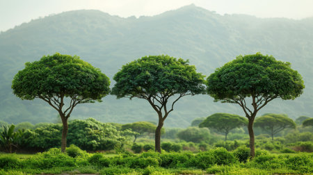 Lonely tree standing in the middle of vast green plains, dramatic sky with rolling cloudsの素材