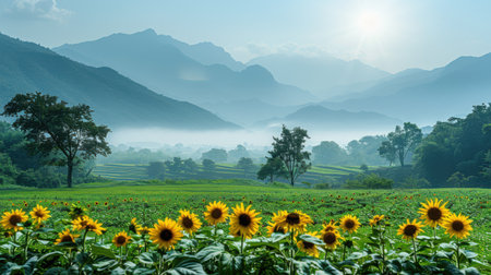 Lush green fields bordered by distant mountain ranges and thin mist clinging to the foothillsの素材